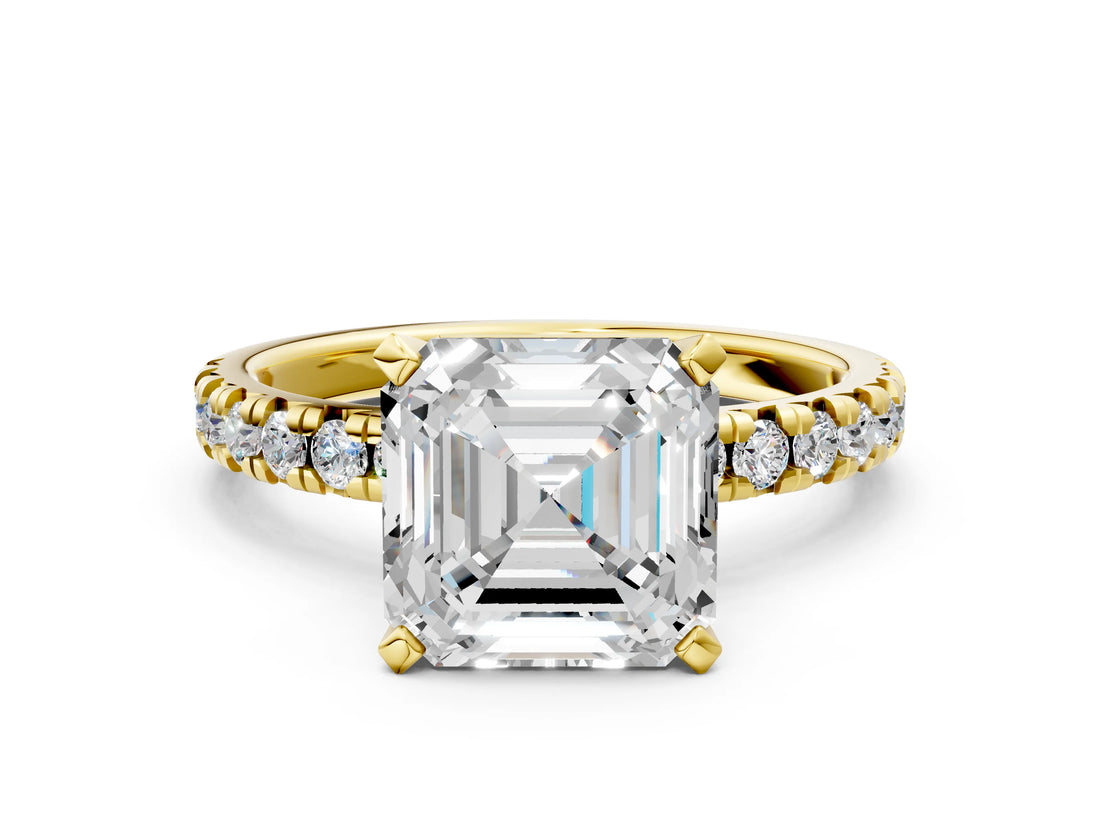 Yellow gold Asscher Cut Diamond Solitaire Pavé Engagement Ring with Round Band and Prong Setting_80
