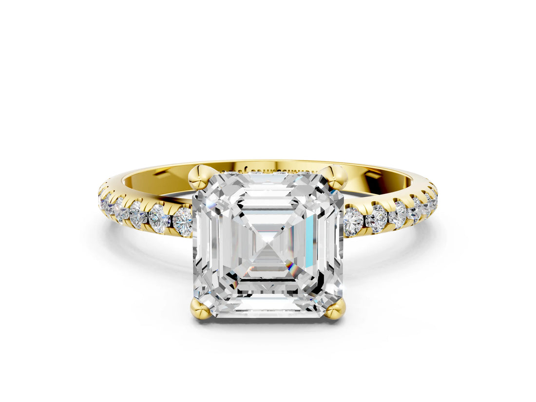 Yellow gold Asscher Cut Diamond Solitaire Ring with Four-Prong Setting and Pavé Band_3