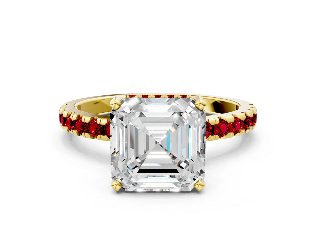 Yellow gold Asscher Cut Diamond Solitaire Ring with Pavé Band and Four-Prong Setting
