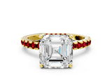 Yellow gold Asscher Cut Diamond Solitaire Ring with Pavé Band and Four-Prong Setting