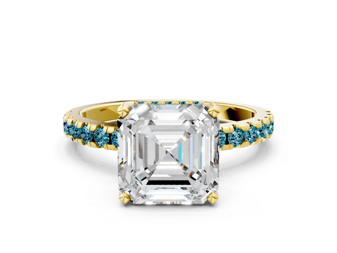 Yellow gold Asscher Cut Diamond Solitaire Ring with Pavé Band and Four-Prong Setting