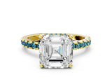 Yellow gold Asscher Cut Diamond Solitaire Ring with Pavé Band and Four-Prong Setting
