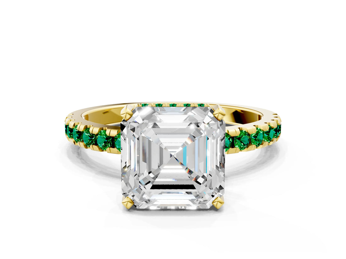 Yellow gold Asscher Cut Diamond Solitaire Ring with Pavé Band and Four-Prong Setting