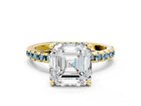 Yellow gold Asscher Cut Diamond Solitaire Ring with Pavé Band and Four-Prong Setting