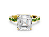 Yellow gold Asscher Cut Diamond Solitaire Ring with Pavé Band and Four-Prong Setting