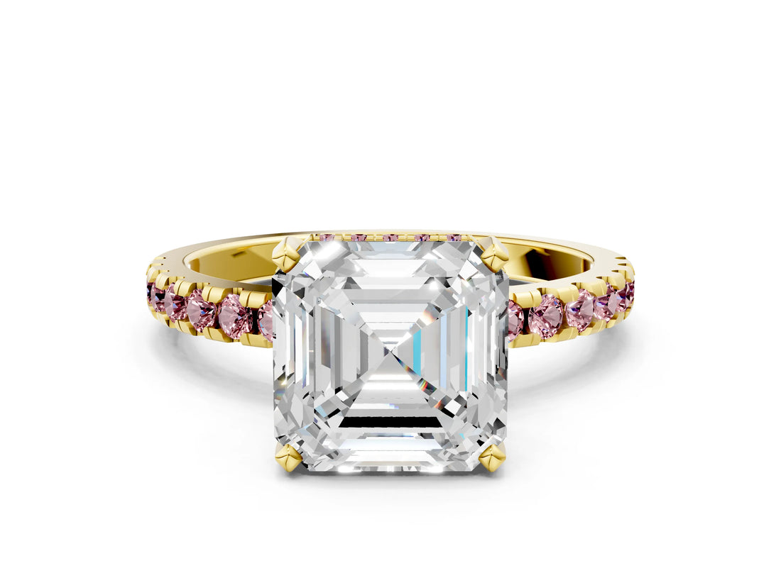 Yellow gold Asscher Cut Diamond Solitaire Ring with Pavé Band and Four-Prong Setting