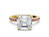 Yellow gold Asscher Cut Diamond Solitaire Ring with Pavé Band and Four-Prong Setting