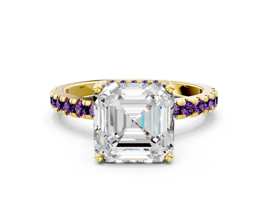 Yellow gold Asscher Cut Diamond Solitaire Ring with Pavé Band and Four-Prong Setting