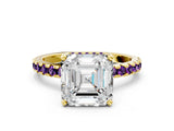 Yellow gold Asscher Cut Diamond Solitaire Ring with Pavé Band and Four-Prong Setting