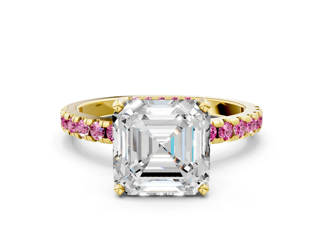Yellow gold Asscher Cut Diamond Solitaire Ring with Pavé Band and Four-Prong Setting