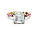 Yellow gold Asscher Cut Diamond Solitaire Ring with Pavé Band and Four-Prong Setting
