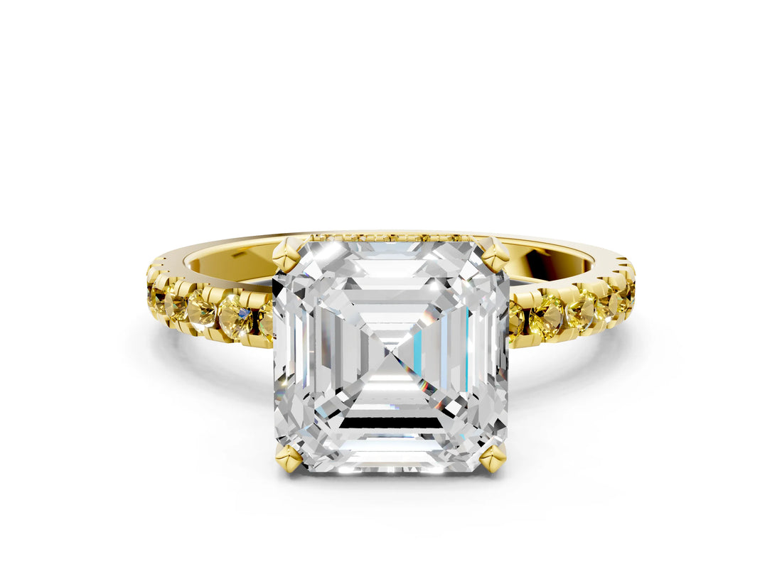 Yellow gold Asscher Cut Diamond Solitaire Ring with Pavé Band and Four-Prong Setting