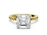 Yellow gold Asscher Cut Diamond Solitaire Ring with Pavé Band and Four-Prong Setting