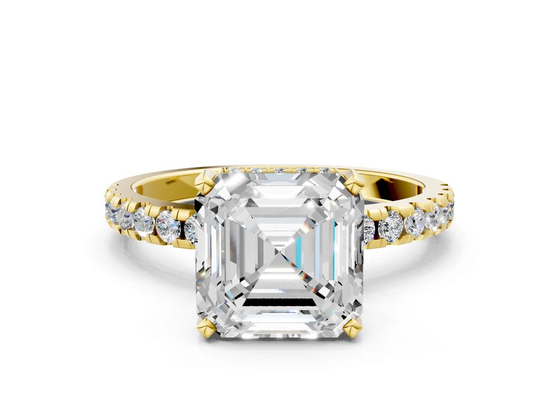 Yellow gold Asscher Cut Diamond Solitaire Ring with Pavé Band and Four-Prong Setting_88