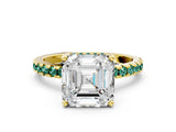 Yellow gold Asscher Cut Diamond Solitaire Ring with Pavé Band and Four-Prong Setting