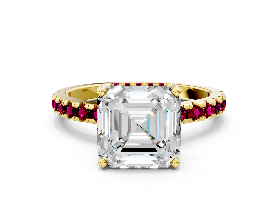 Yellow gold Asscher Cut Diamond Solitaire Ring with Pavé Band and Four-Prong Setting