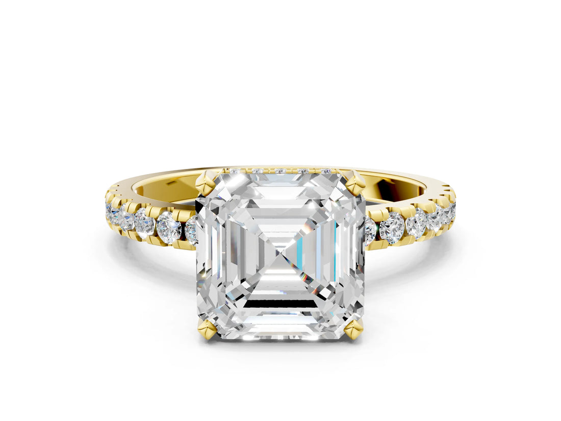 Yellow gold Asscher Cut Diamond Solitaire Ring with Pavé Band and Four-Prong Setting