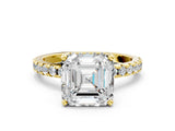 Yellow gold Asscher Cut Diamond Solitaire Ring with Pavé Band and Four-Prong Setting