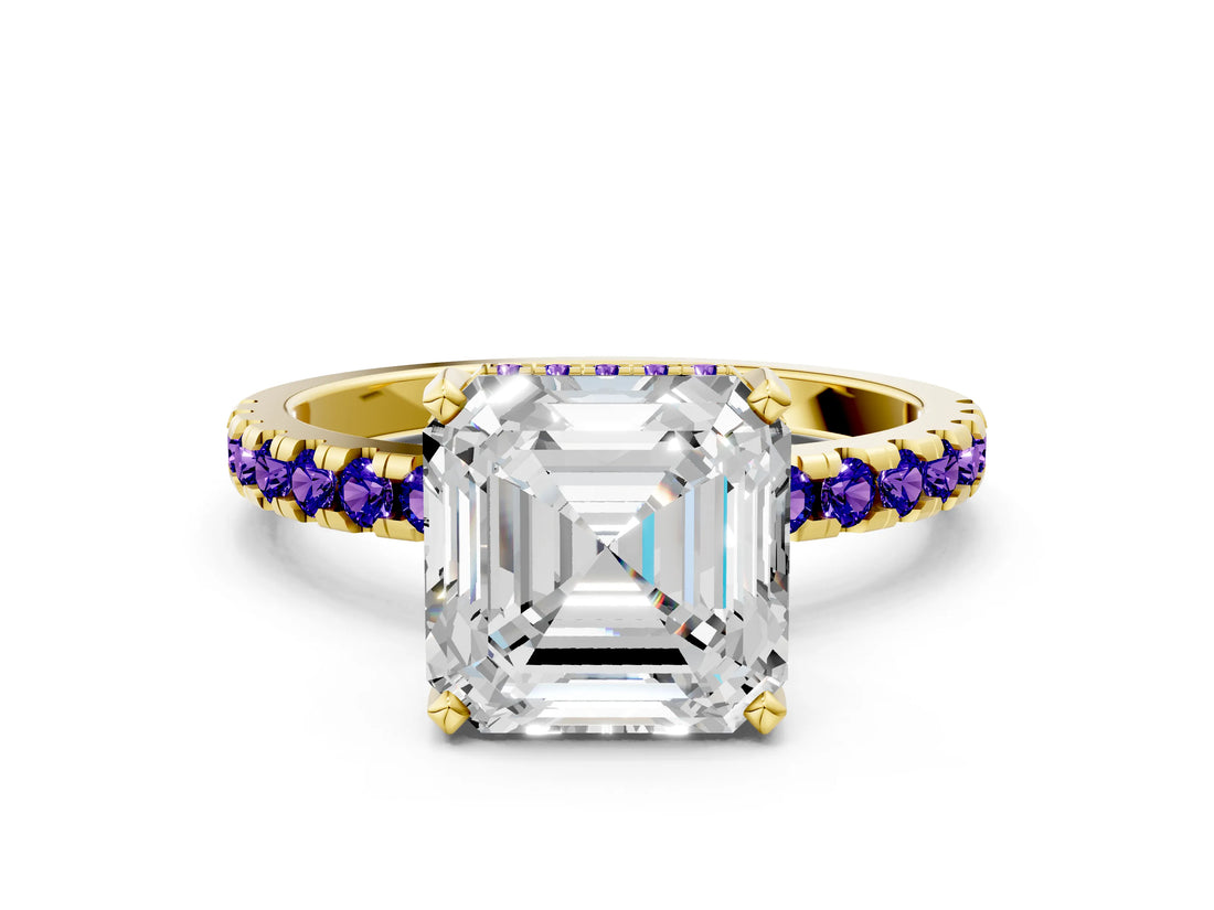 Yellow gold Asscher Cut Diamond Solitaire Ring with Pavé Band and Four-Prong Setting