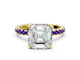 Yellow gold Asscher Cut Diamond Solitaire Ring with Pavé Band and Four-Prong Setting