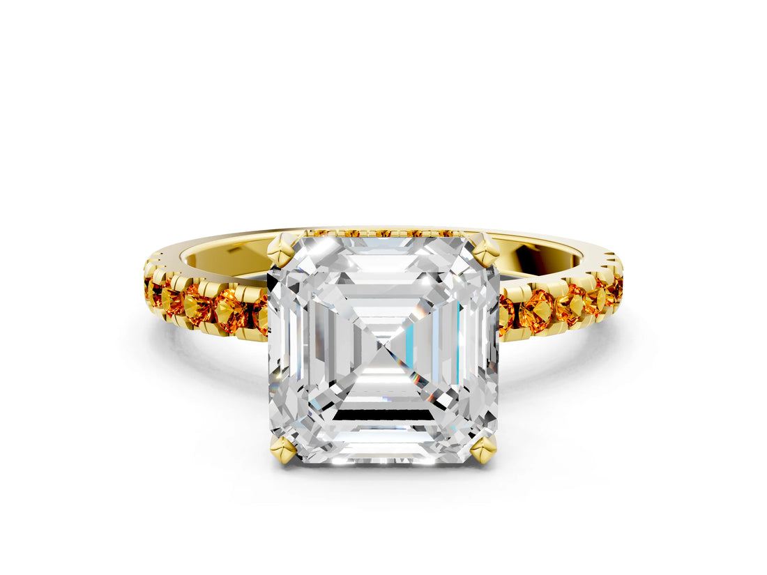 Yellow gold Asscher Cut Diamond Solitaire Ring with Pavé Band and Four-Prong Setting