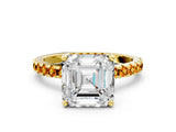 Yellow gold Asscher Cut Diamond Solitaire Ring with Pavé Band and Four-Prong Setting