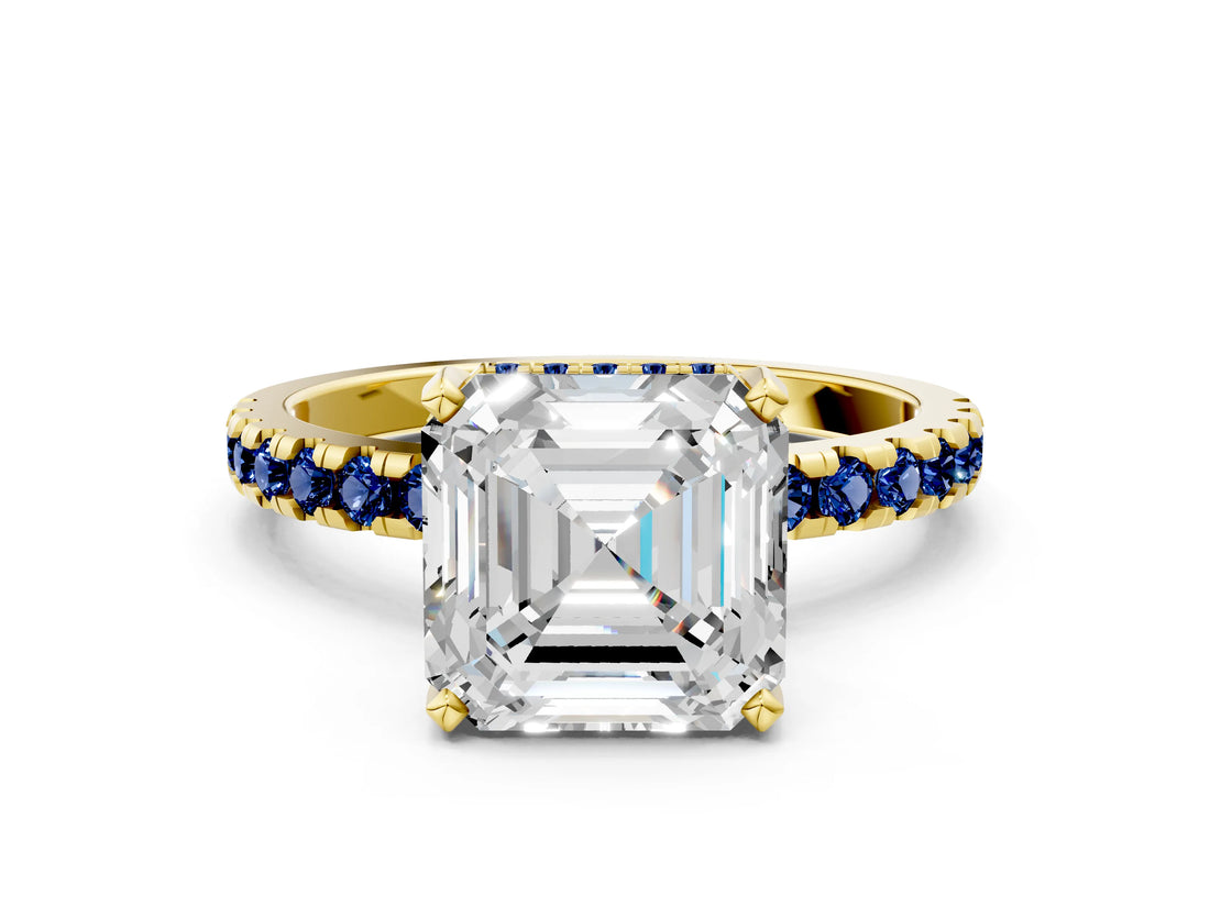 Yellow gold Asscher Cut Diamond Solitaire Ring with Pavé Band and Four-Prong Setting