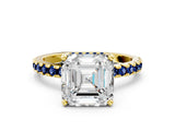 Yellow gold Asscher Cut Diamond Solitaire Ring with Pavé Band and Four-Prong Setting