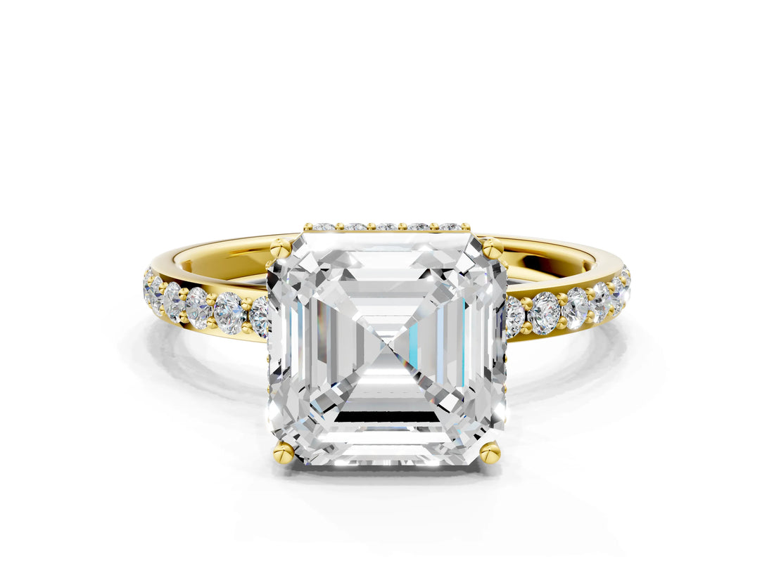 Yellow gold Asscher Cut Diamond Solitaire Ring with Pavé Band and Hidden Halo_26