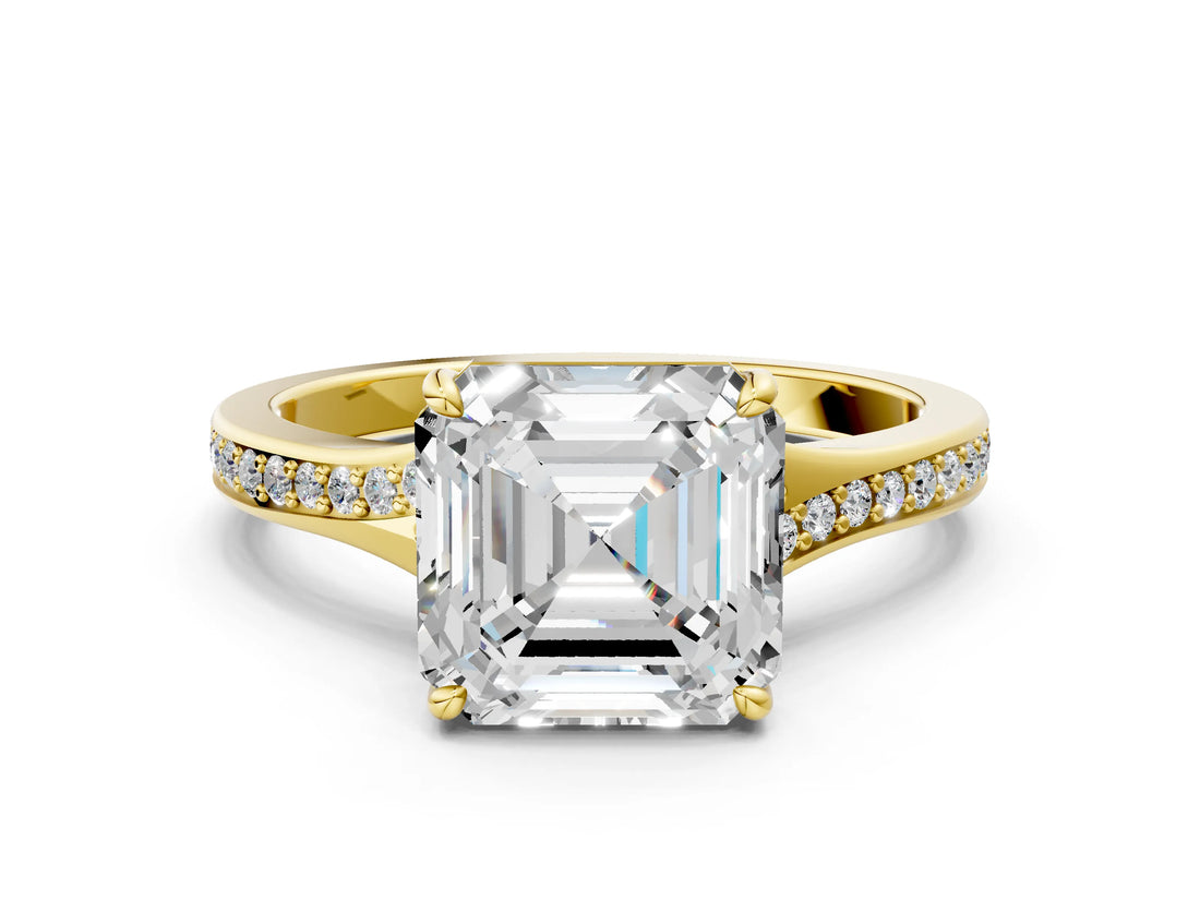 Yellow gold Asscher Cut Diamond Solitaire Ring with Pavé Band and Prong Setting_17