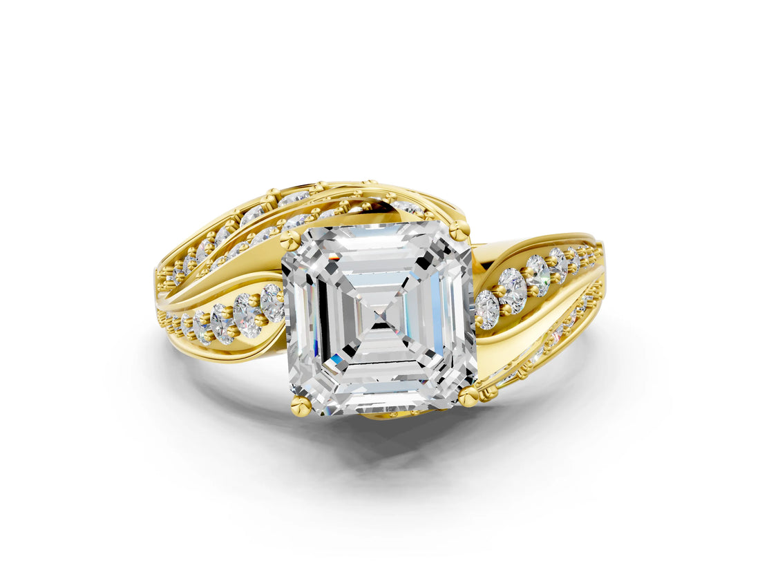 Yellow gold Asscher Cut Diamond Solitaire Ring with Prong Setting and Twisted Pavé Band_3