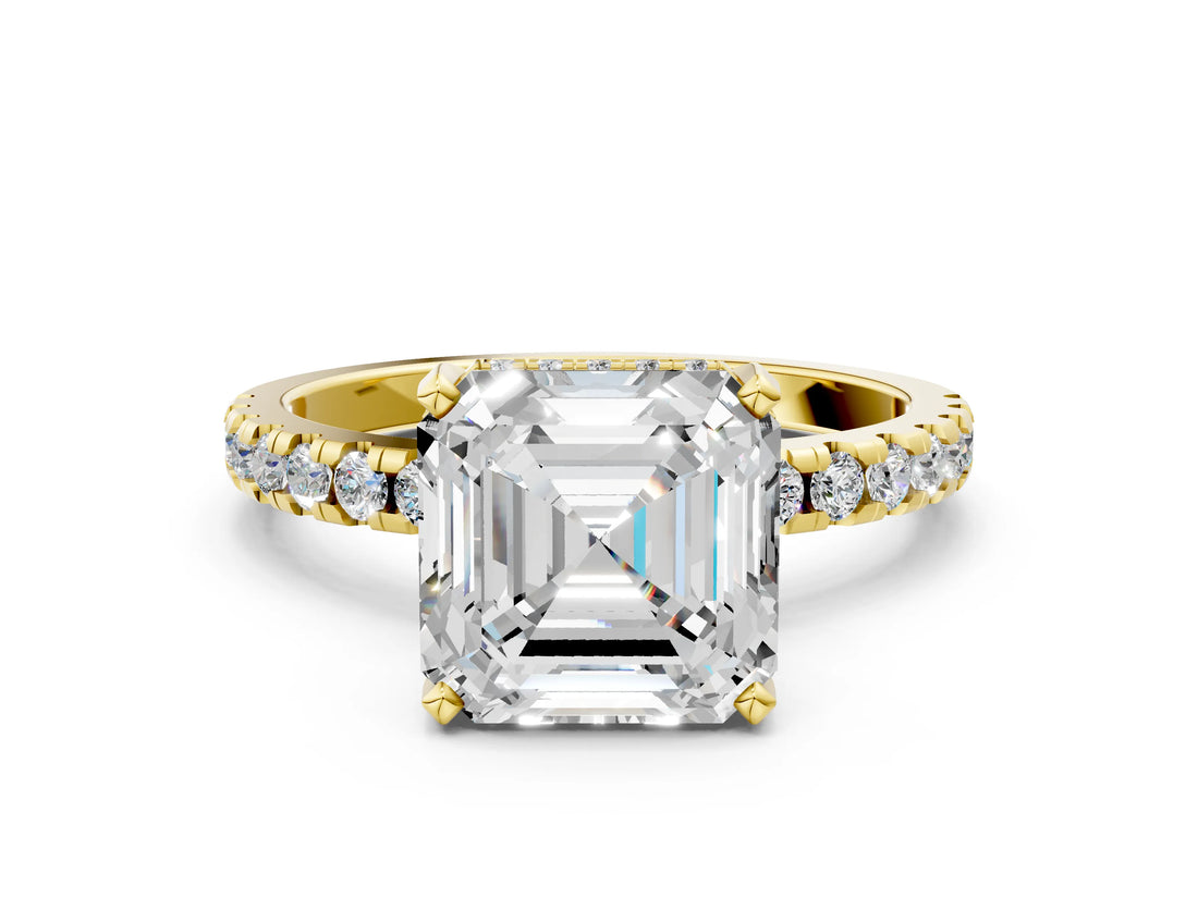Yellow gold Asscher Cut Diamond Solitaire Ring with Round  Pavé Band and Four-Prong Setting_41