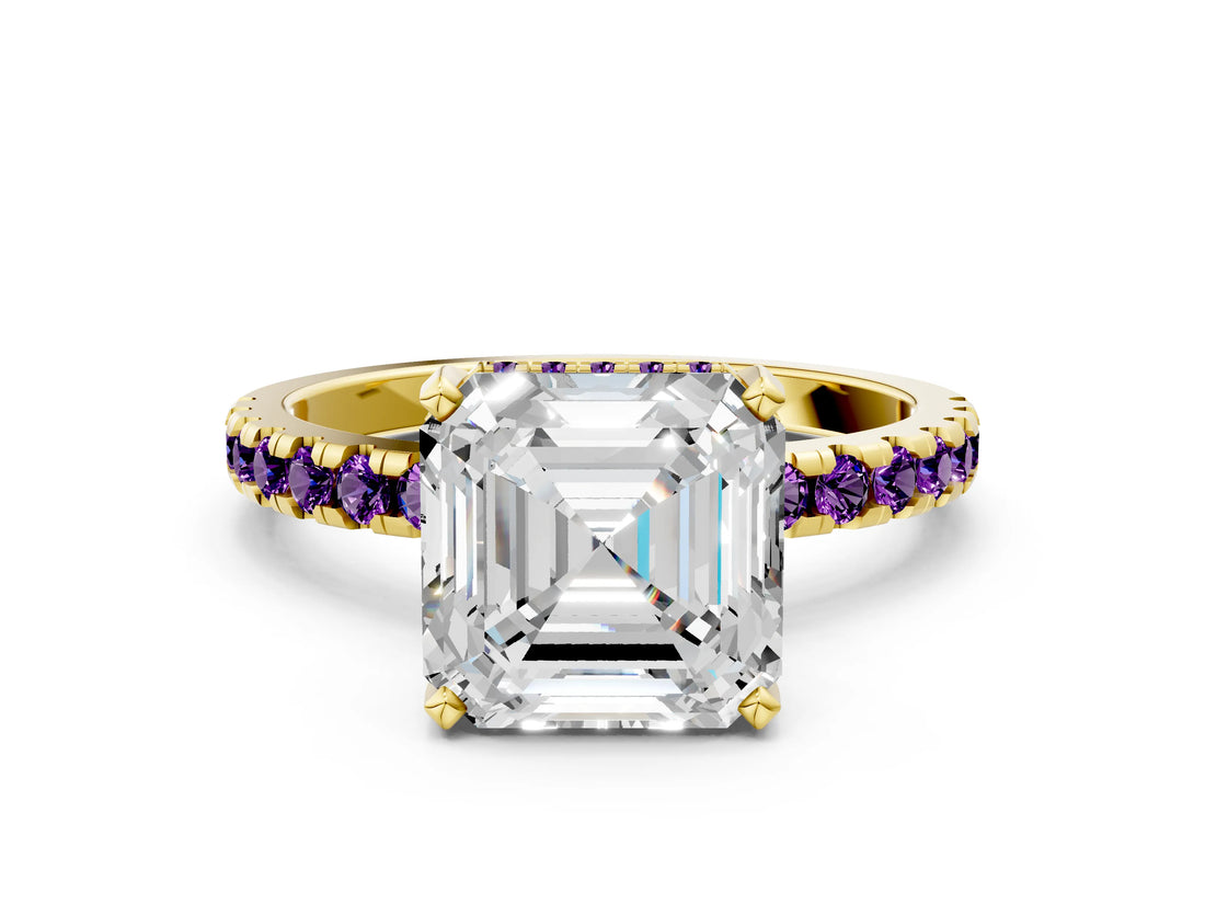 Yellow gold Asscher Cut Diamond Solitaire Ring with Round with Amethyst side stone Pavé Band and Four-Prong Setting_36