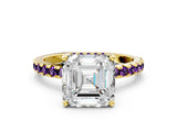 Yellow gold Asscher Cut Diamond Solitaire Ring with Round with Amethyst side stone Pavé Band and Four-Prong Setting_36