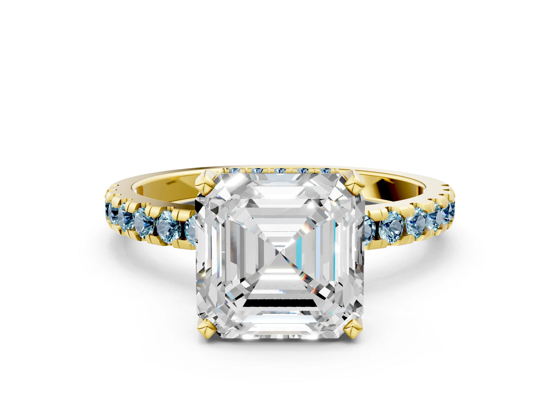 Yellow gold Asscher Cut Diamond Solitaire Ring with Round with Aquamarine side stone Pavé Band and Four-Prong Setting_36