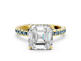 Yellow gold Asscher Cut Diamond Solitaire Ring with Round with Aquamarine side stone Pavé Band and Four-Prong Setting_36