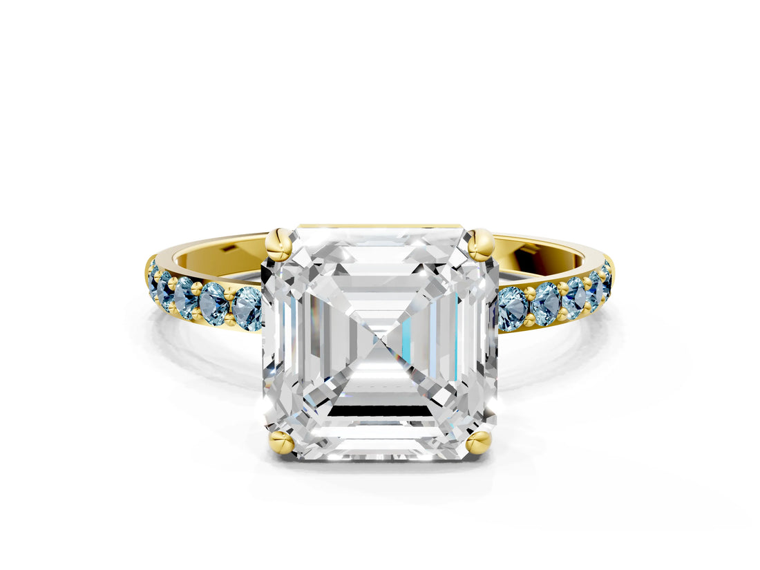Yellow gold Asscher Cut Diamond Solitaire Ring with Round with Aquamarine side stone Pavé Band and Prong Setting_24