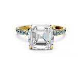Yellow gold Asscher Cut Diamond Solitaire Ring with Round with Aquamarine side stone Pavé Band and Prong Setting_24