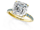 Yellow gold Asscher Cut Diamond Solitaire Ring with Round with Aquamarine side stone Pavé Band and Prong Setting_25