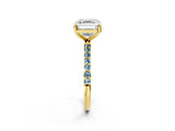 Yellow gold Asscher Cut Diamond Solitaire Ring with Round with Aquamarine side stone Pavé Band and Prong Setting_26