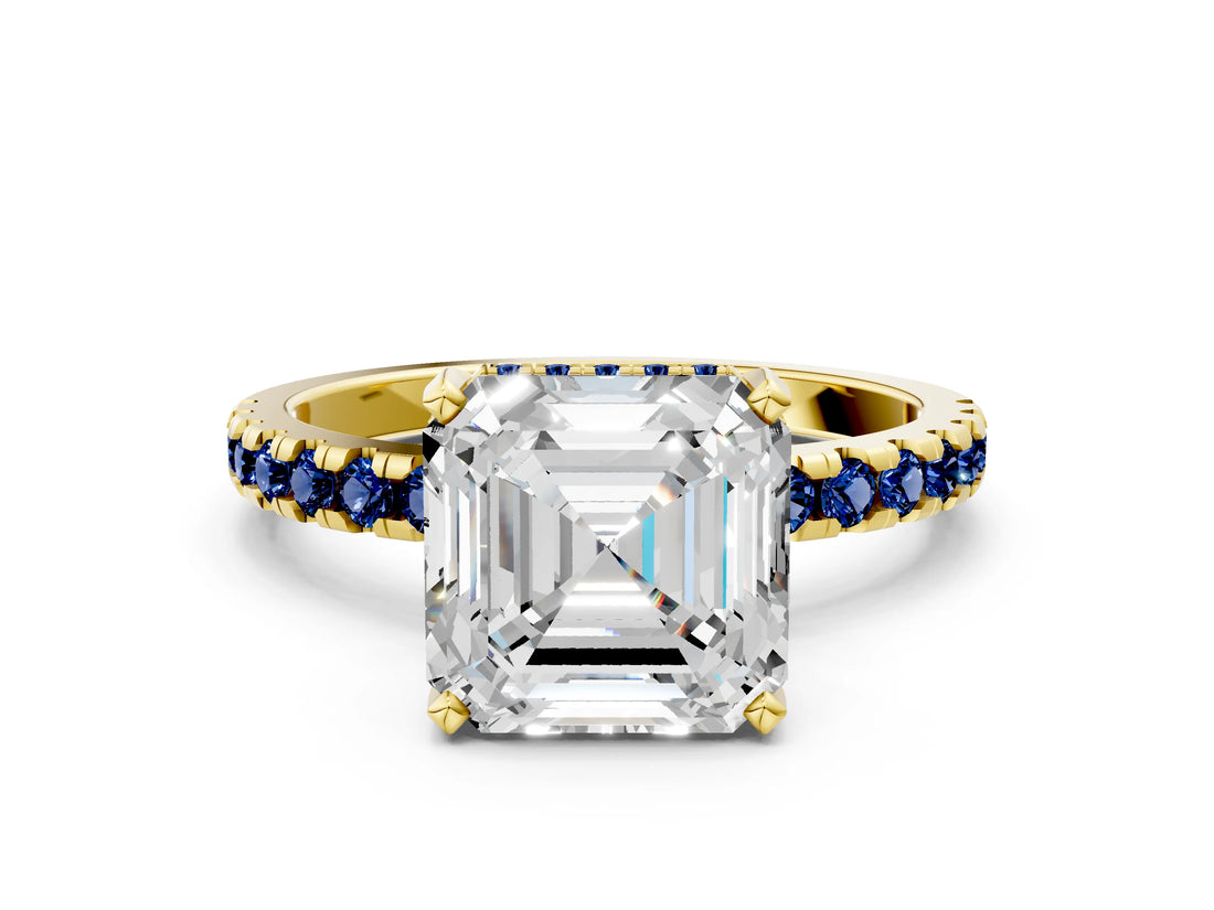 Yellow gold Asscher Cut Diamond Solitaire Ring with Round with Blue Sapphire side stone Pavé Band and Four-Prong Setting_36