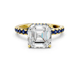 Yellow gold Asscher Cut Diamond Solitaire Ring with Round with Blue Sapphire side stone Pavé Band and Four-Prong Setting_36