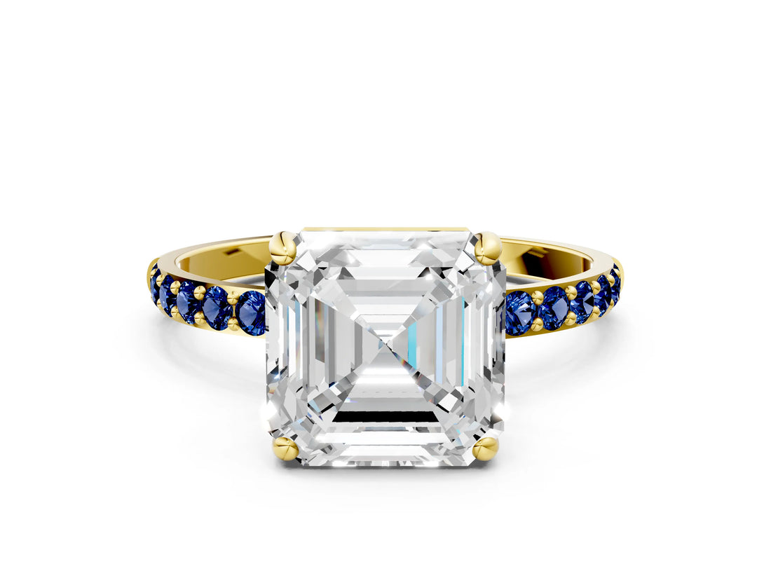 Yellow gold Asscher Cut Diamond Solitaire Ring with Round with Blue Sapphire side stone Pavé Band and Prong Setting_12