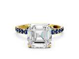 Yellow gold Asscher Cut Diamond Solitaire Ring with Round with Blue Sapphire side stone Pavé Band and Prong Setting_12