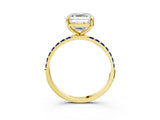 Yellow gold Asscher Cut Diamond Solitaire Ring with Round with Blue Sapphire side stone Pavé Band and Prong Setting_15