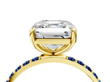 Yellow gold Asscher Cut Diamond Solitaire Ring with Round with Blue Sapphire side stone Pavé Band and Prong Setting_16