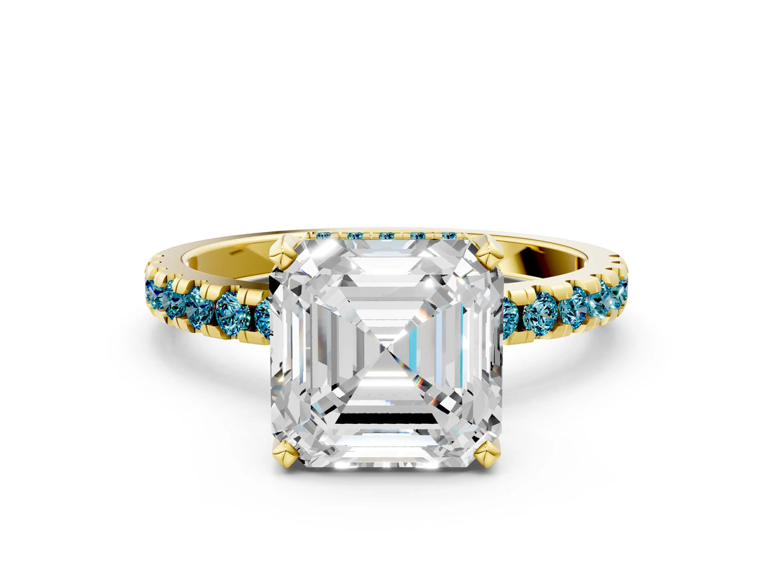 Yellow gold Asscher Cut Diamond Solitaire Ring with Round with Blue Topaz side stone Pavé Band and Four-Prong Setting_36
