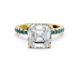 Yellow gold Asscher Cut Diamond Solitaire Ring with Round with Blue Topaz side stone Pavé Band and Four-Prong Setting_36