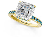 Yellow gold Asscher Cut Diamond Solitaire Ring with Round with Blue Topaz side stone Pavé Band and Four-Prong Setting_37