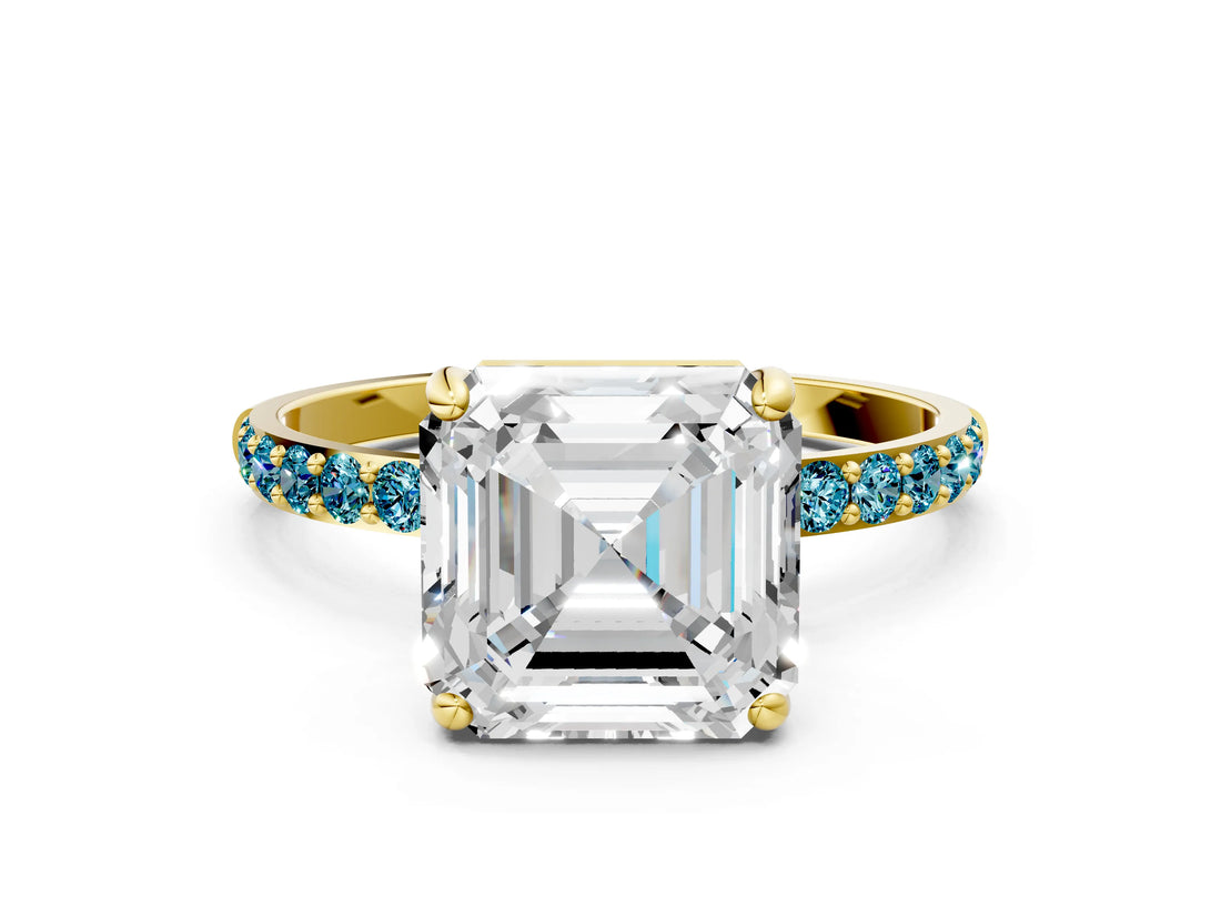 Yellow gold Asscher Cut Diamond Solitaire Ring with Round with Blue Topaz side stone Pavé Band and Prong Setting_12